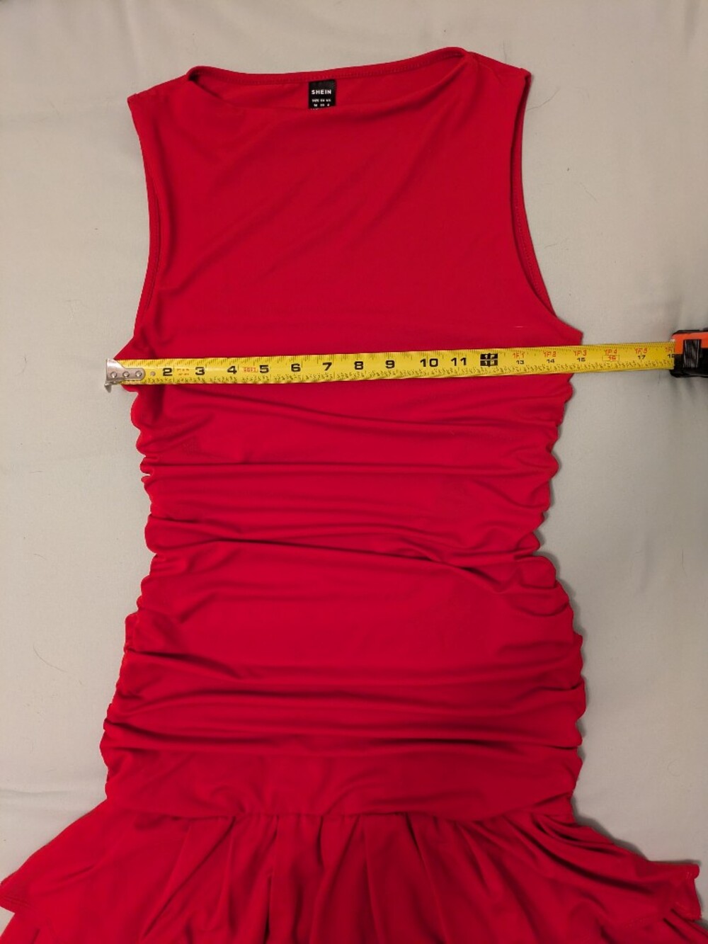 Red Ruched Bodycon Drop Waist Ruffle Mini Dress - Picture 4 of 7